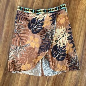 FARM Rio Tropical Leaf Wrap Mini Skirt in Rust, Navy & Mustard